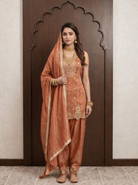 Rust Sequin Embroidered Punjabi Suit with Salwar and Dupatta