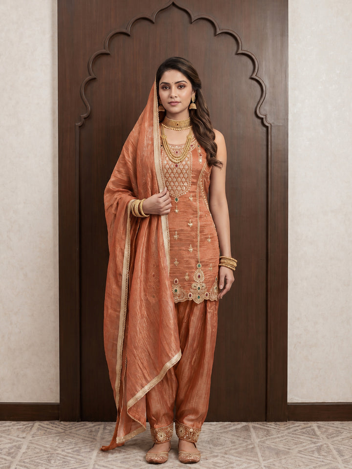Rust Sequin Embroidered Punjabi Suit with Salwar and Dupatta
