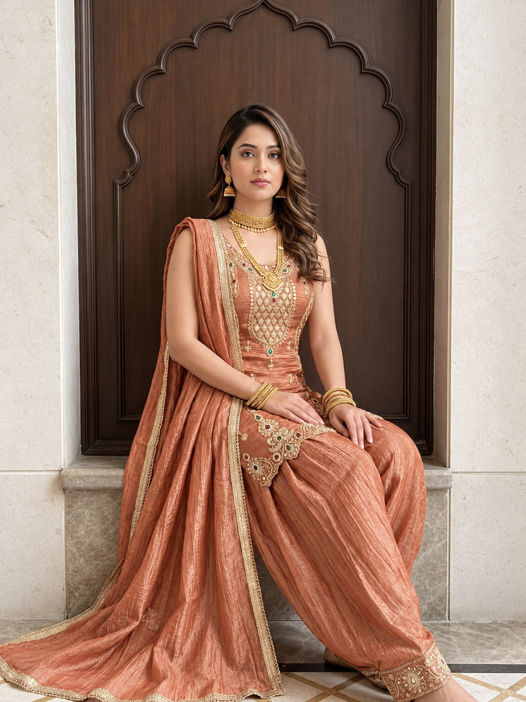 Rust Sequin Embroidered Punjabi Suit with Salwar and Dupatta