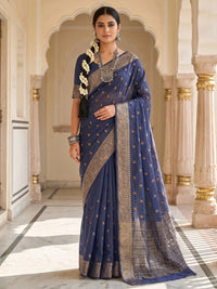 Navy Blue Silk Saree with Zari Paisley Border and Floral Booti Weave