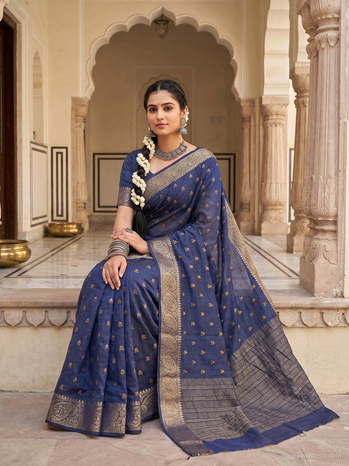 Navy Blue Silk Saree with Zari Paisley Border and Floral Booti Weave