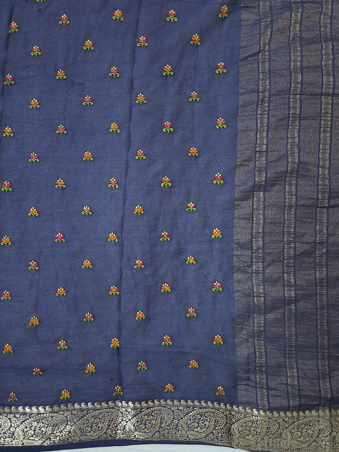 Navy Blue Silk Saree with Zari Paisley Border and Floral Booti Weave