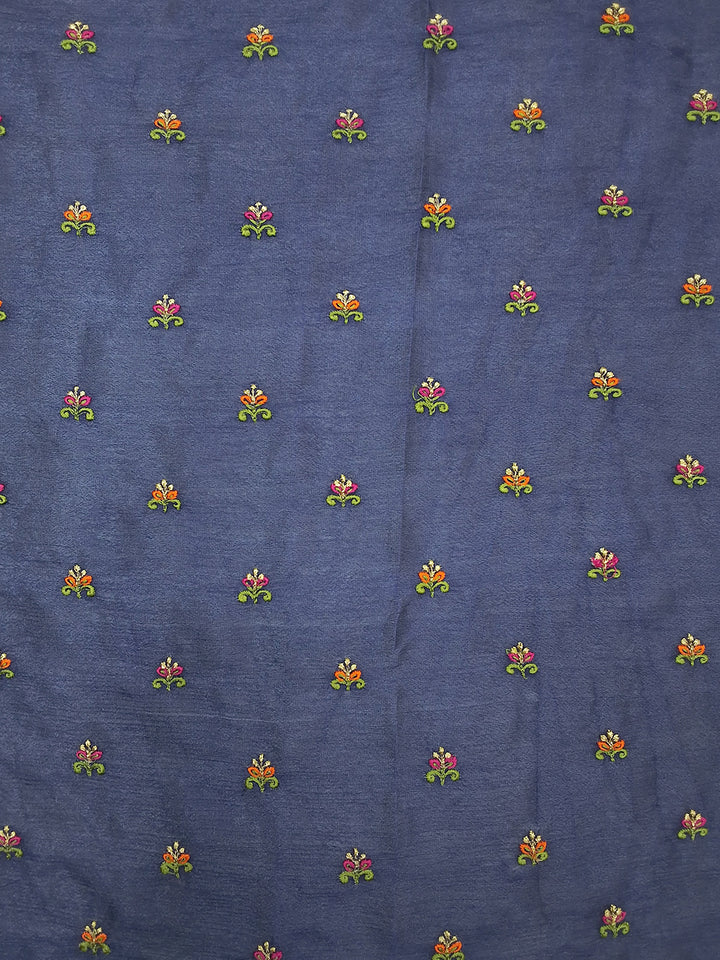 Navy Blue Silk Saree with Zari Paisley Border and Floral Booti Weave