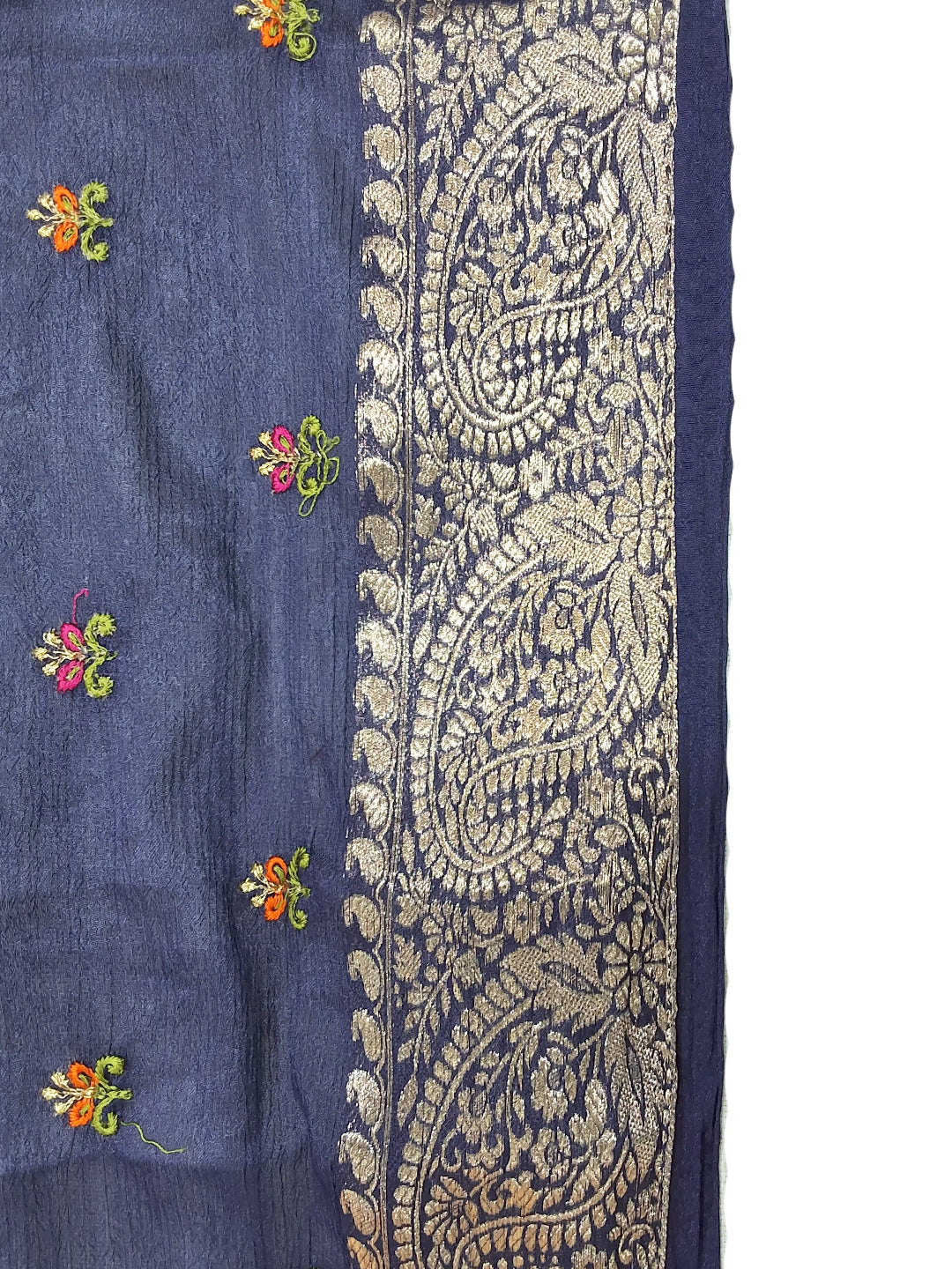 Navy Blue Silk Saree with Zari Paisley Border and Floral Booti Weave
