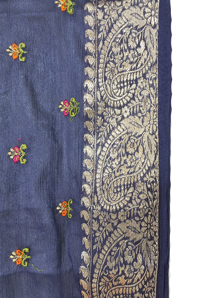Navy Blue Silk Saree with Zari Paisley Border and Floral Booti Weave