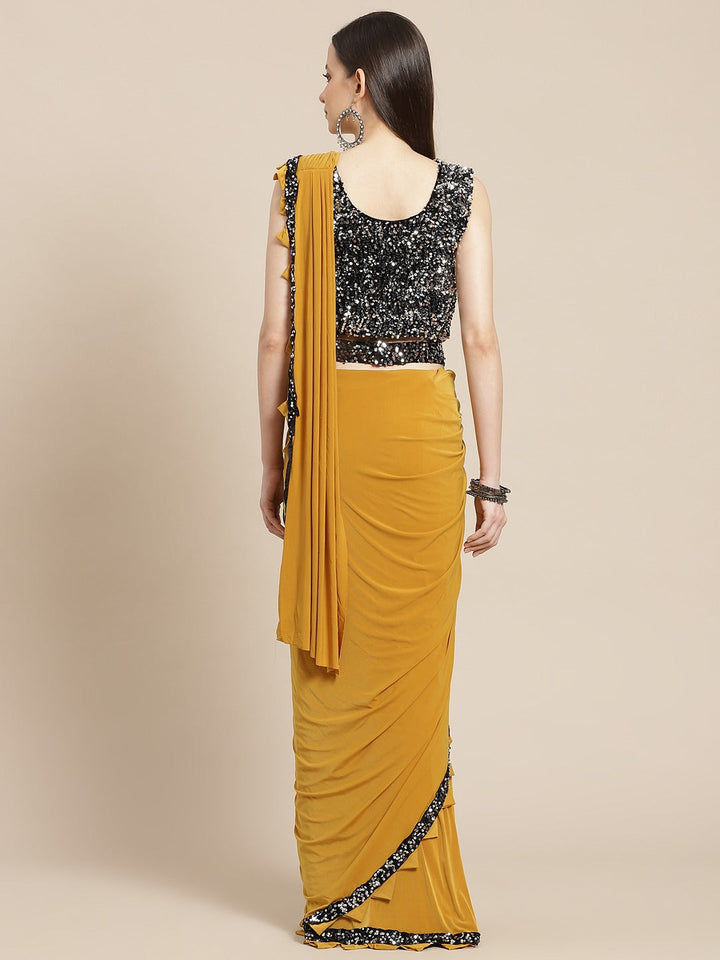 Ruffled Pre-Draped Ready to Wear Mustard Sequin Embellished Saree with Floral Belt