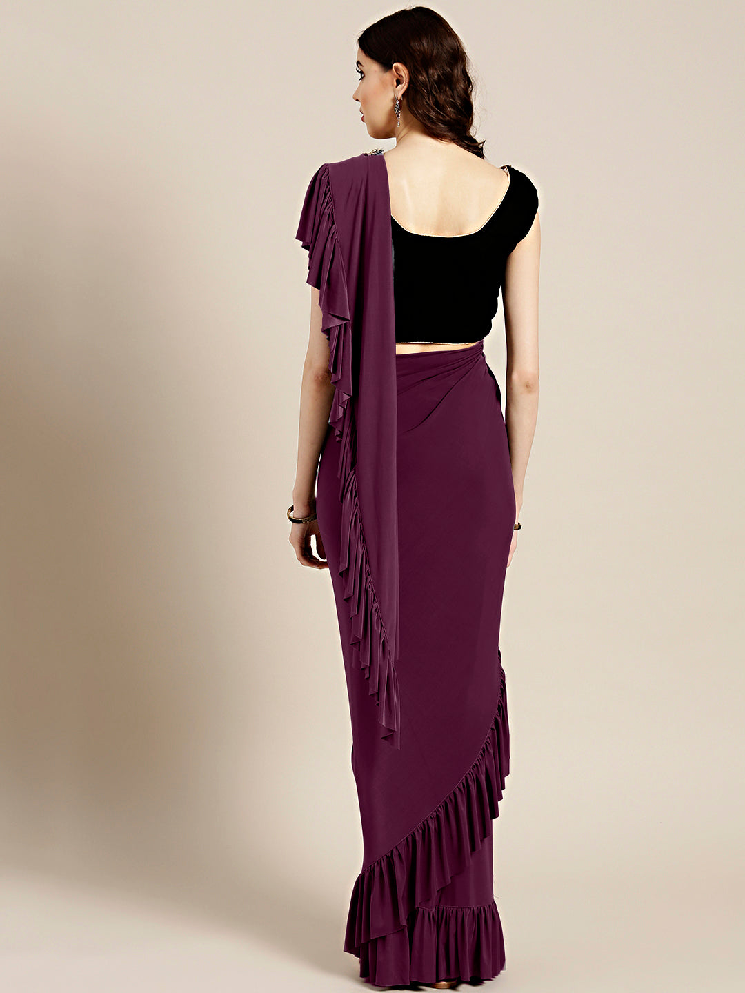 Draped Ruffled Pre-stitched Saree with Embellished Crop Top Blouse