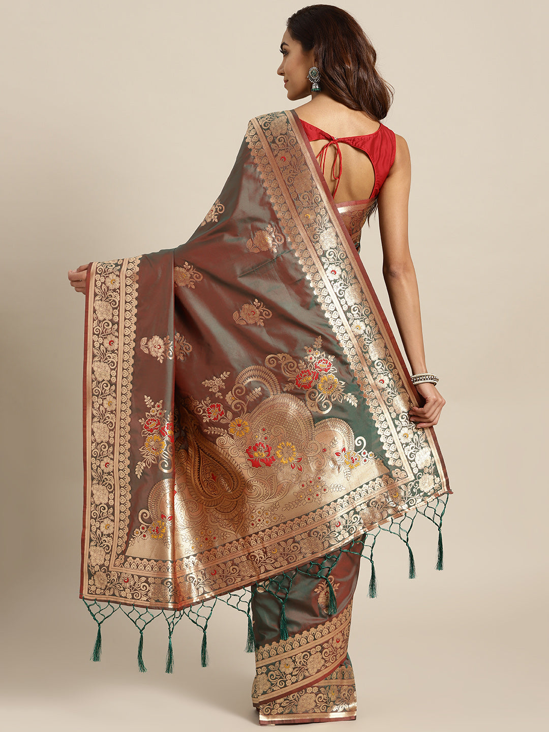 Banarasi Handloom Silk Saree with Floral Meenakari and Jhalar
