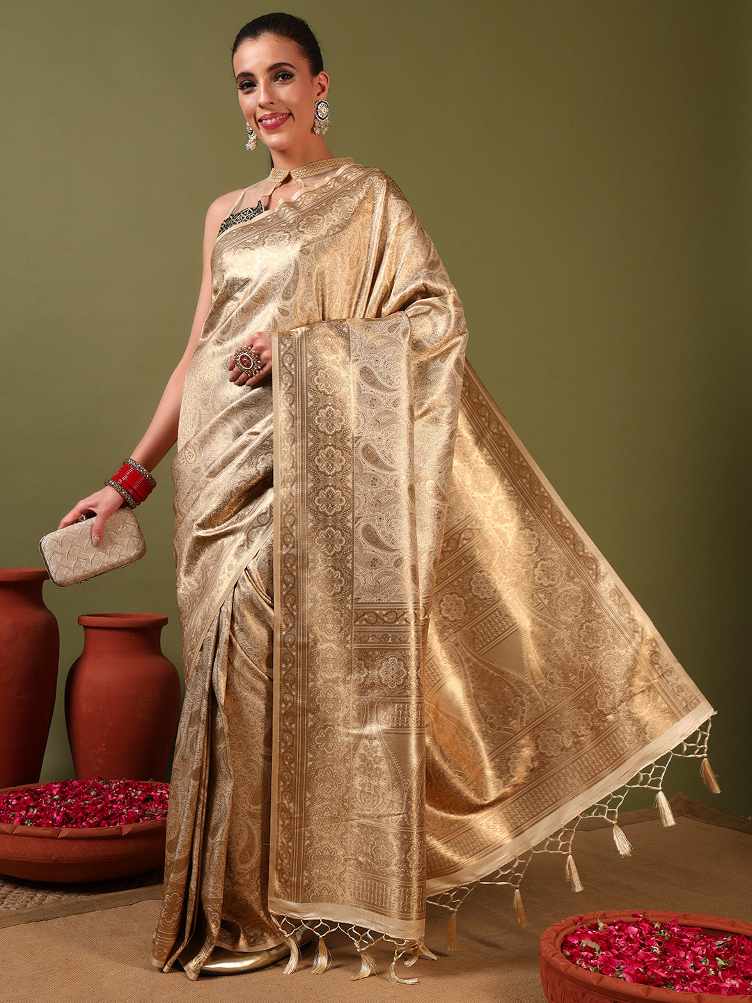 Chhabra 555 Traditional Banarasi Handloom Silk Saree with Ethnic Zari Paisley Weaving & Jhalar Pallu