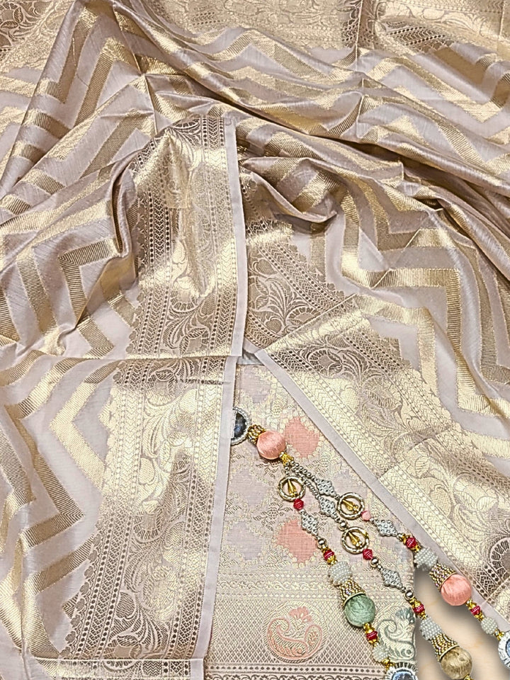 Banarasi Tissue Dress Material with Floral Meenakari Weaving and Striped Jhallar Dupatta