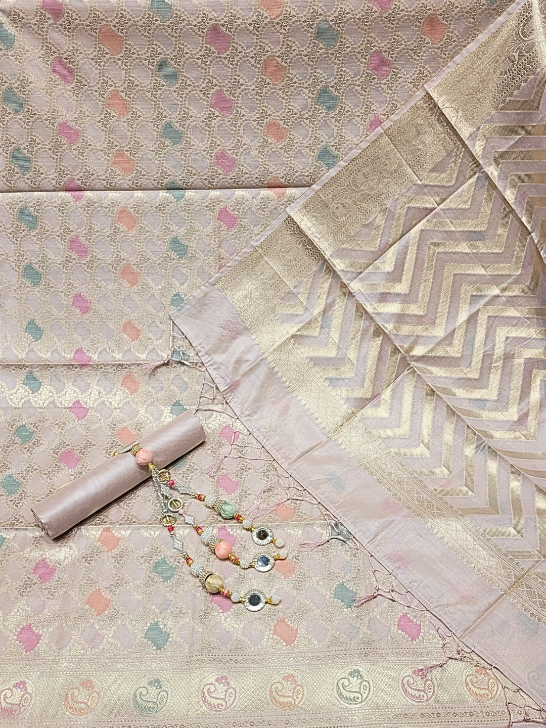 Banarasi Tissue Dress Material with Floral Meenakari Weaving and Striped Jhallar Dupatta