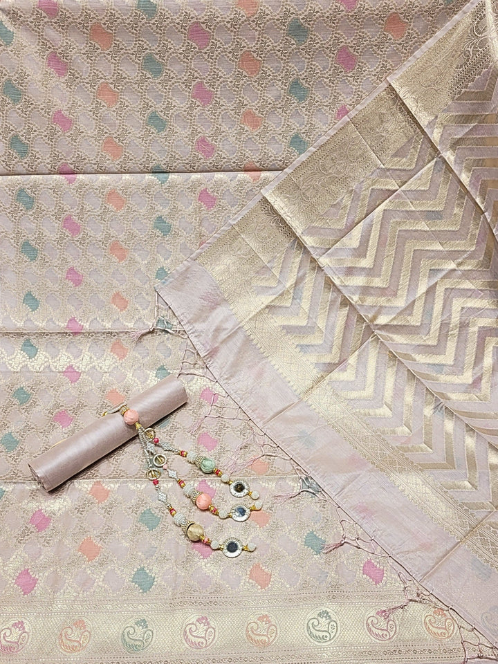 Banarasi Tissue Dress Material with Floral Meenakari Weaving and Striped Jhallar Dupatta