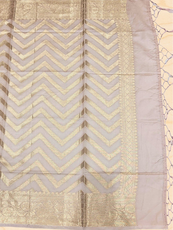 Banarasi Tissue Dress Material with Floral Meenakari Weaving and Striped Jhallar Dupatta