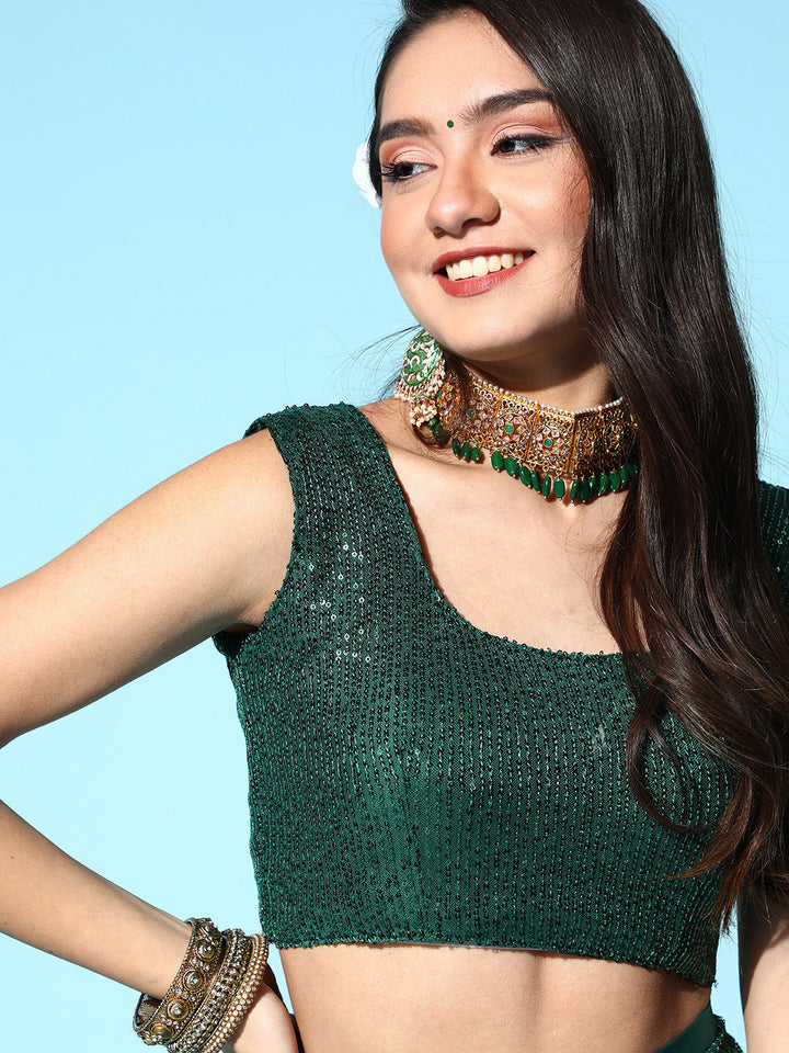 Ruffled Pre-Stitched Green Tulle Saree with Embellished blouse