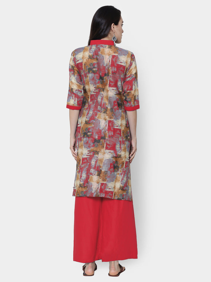 Red Printed Cotton Unstitched Dress Material with Chiffon Dupatta.