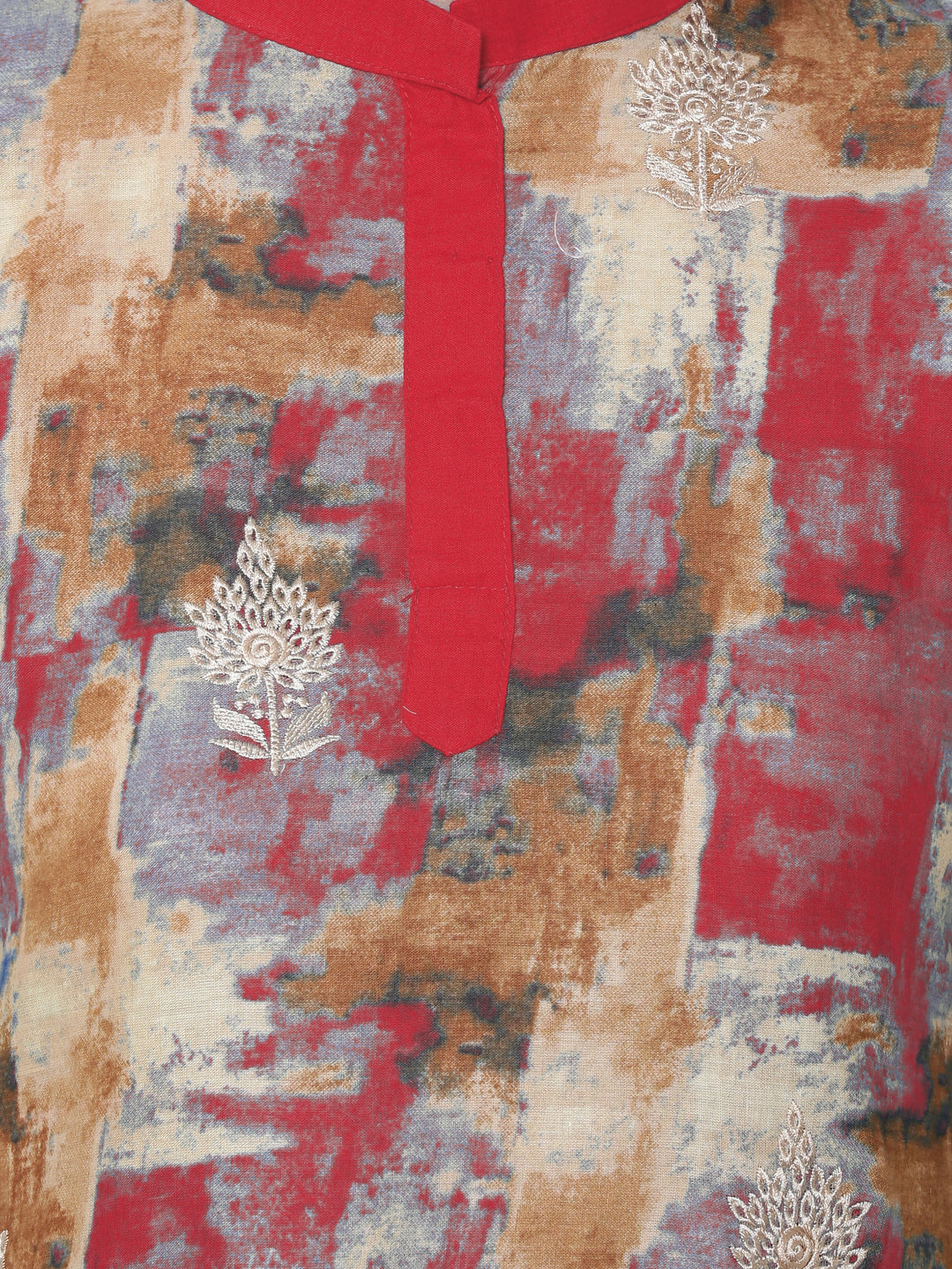 Red Printed Cotton Unstitched Dress Material with Chiffon Dupatta.