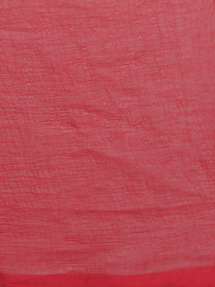 Red Printed Cotton Unstitched Dress Material with Chiffon Dupatta.