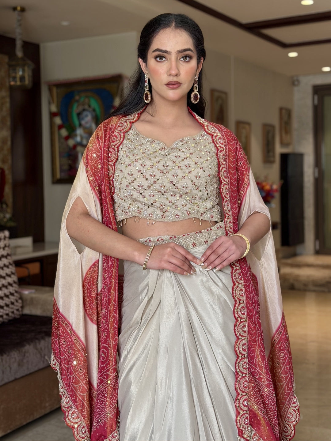 Aari Embroidered Tasseled Crop Top with Draped Skirt & Ombre Bandhej Scalloped Cape