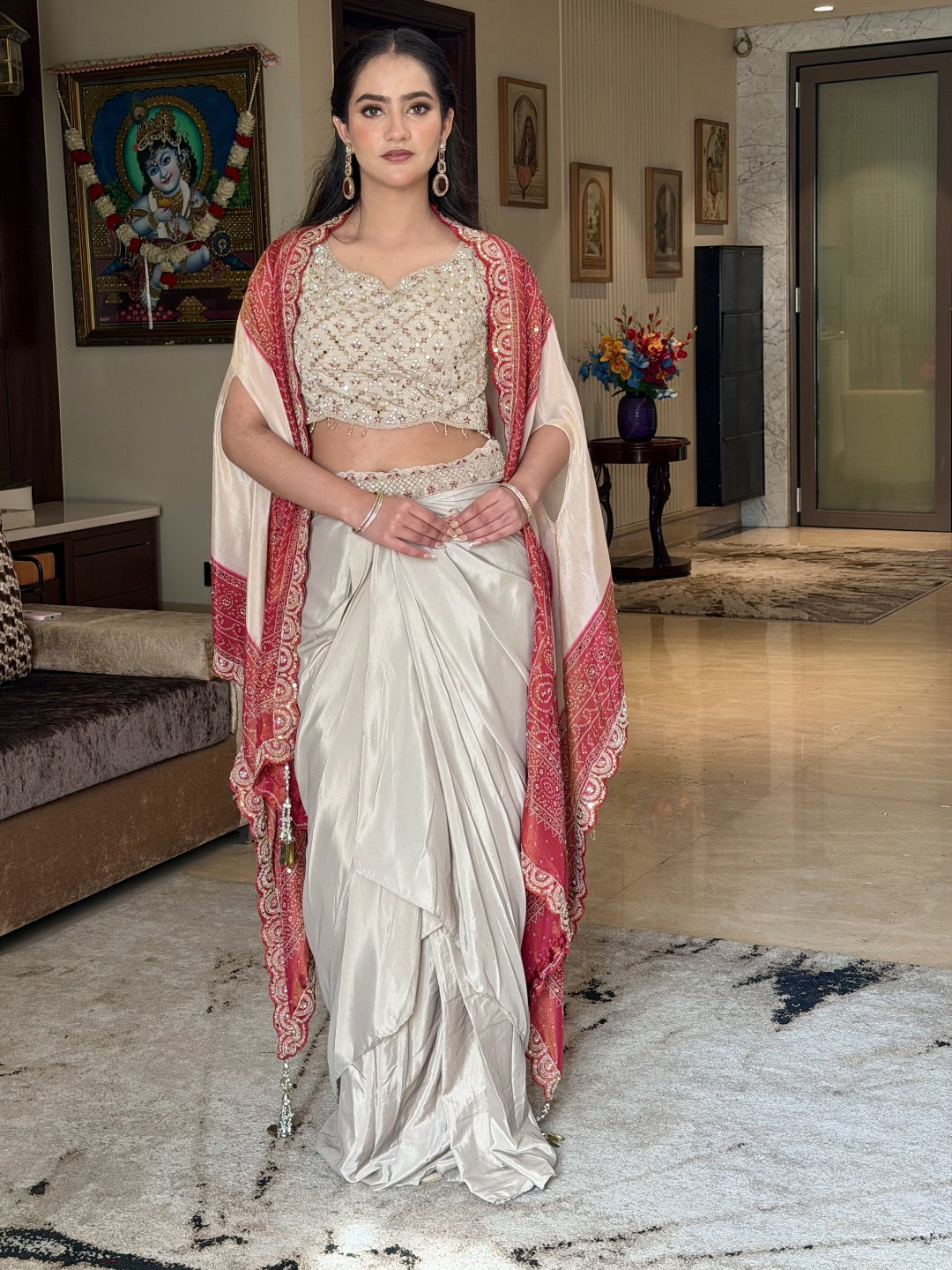 Aari Embroidered Tasseled Crop Top with Draped Skirt & Ombre Bandhej Scalloped Cape