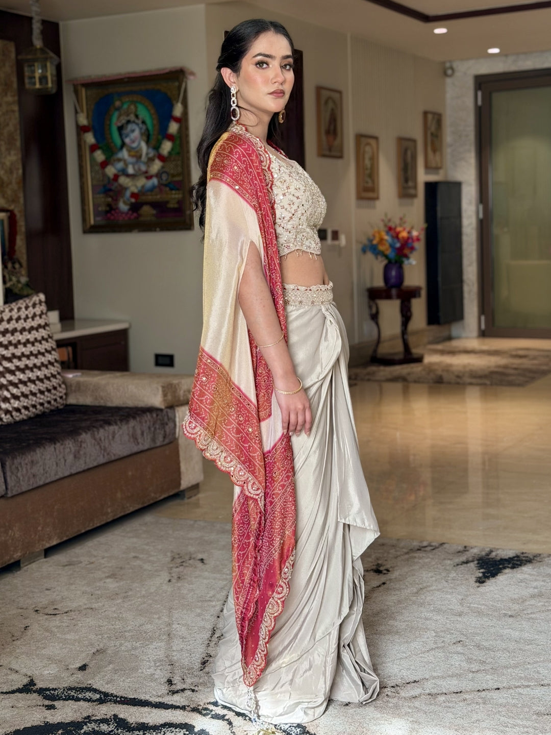 Aari Embroidered Tasseled Crop Top with Draped Skirt & Ombre Bandhej Scalloped Cape