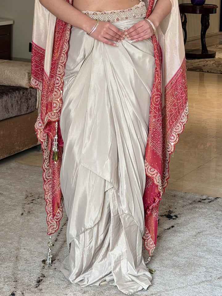 Aari Embroidered Tasseled Crop Top with Draped Skirt & Ombre Bandhej Scalloped Cape