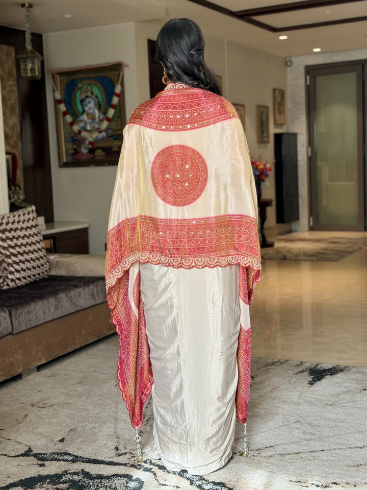 Aari Embroidered Tasseled Crop Top with Draped Skirt & Ombre Bandhej Scalloped Cape