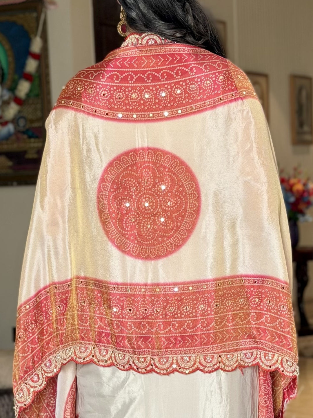 Aari Embroidered Tasseled Crop Top with Draped Skirt & Ombre Bandhej Scalloped Cape