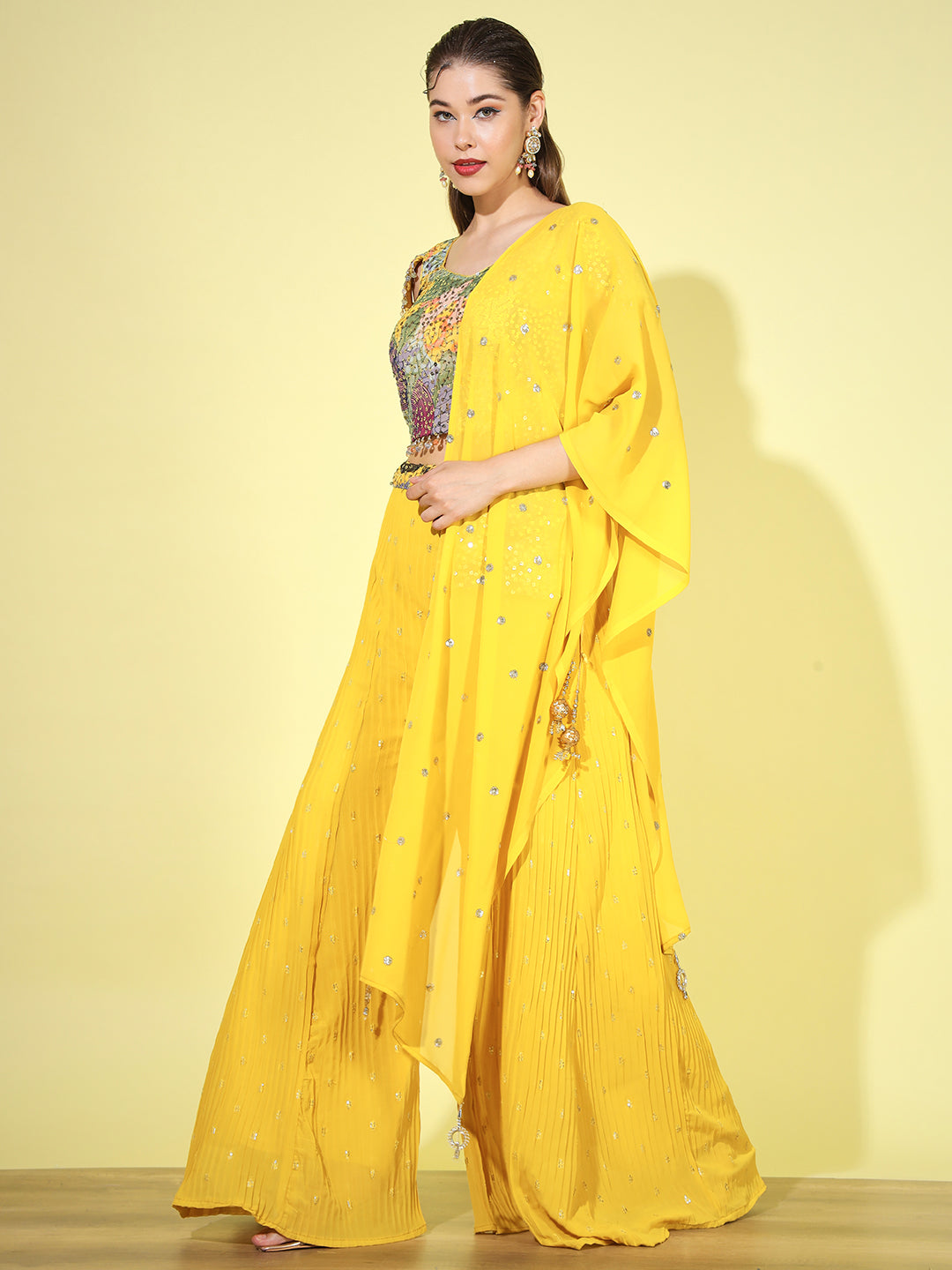 Resham & Sequin Embroidered Tassled Crop Top with Flared Pallazo Set