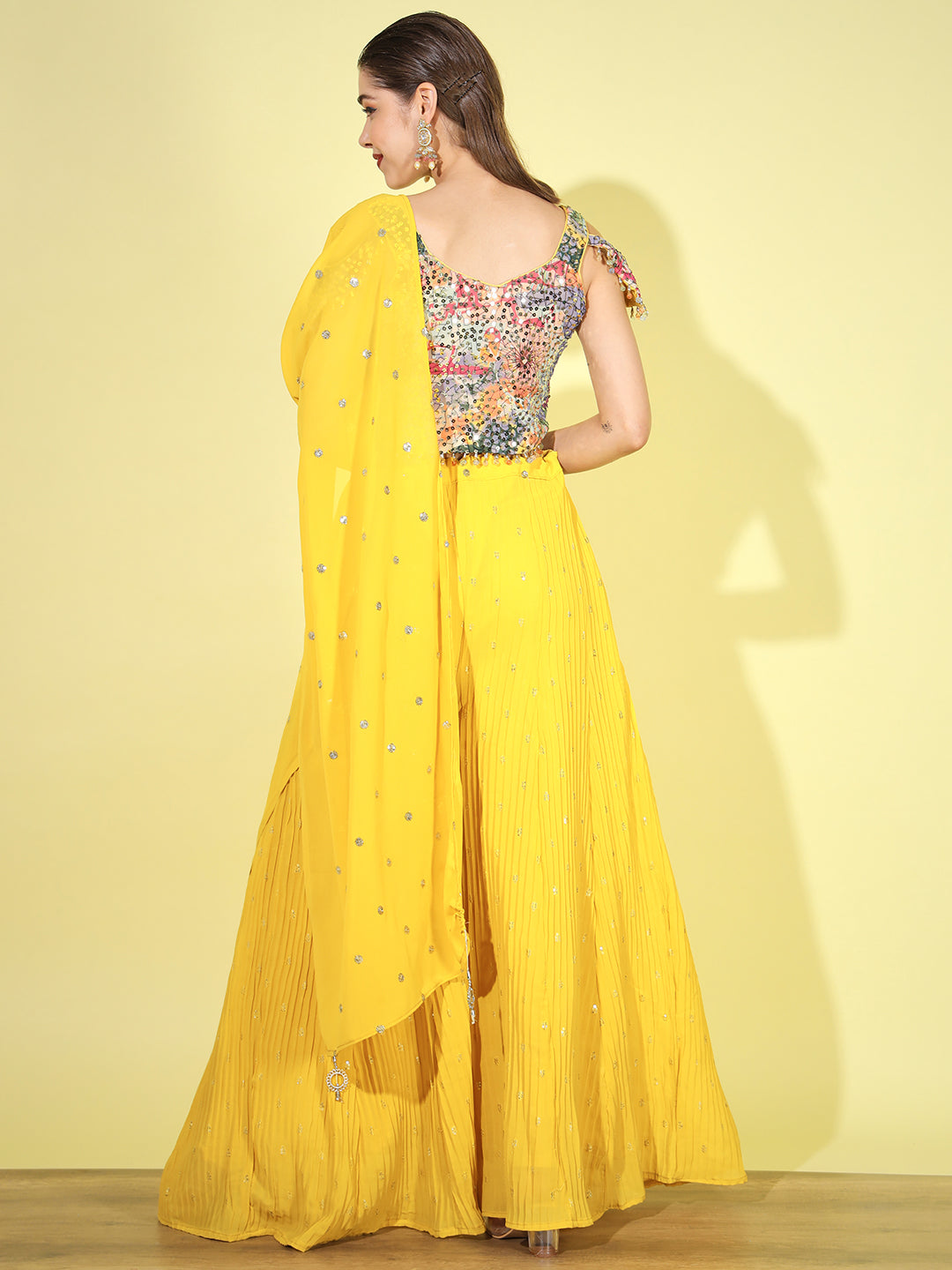 Resham & Sequin Embroidered Tassled Crop Top with Flared Pallazo Set