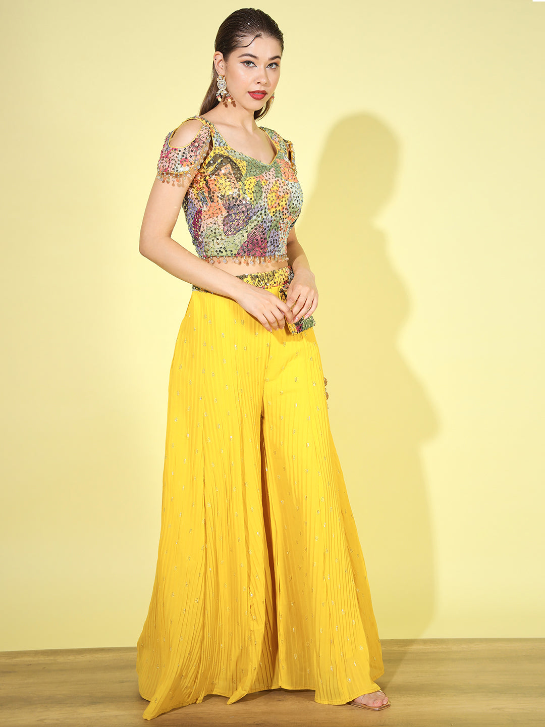 Resham & Sequin Embroidered Tassled Crop Top with Flared Pallazo Set
