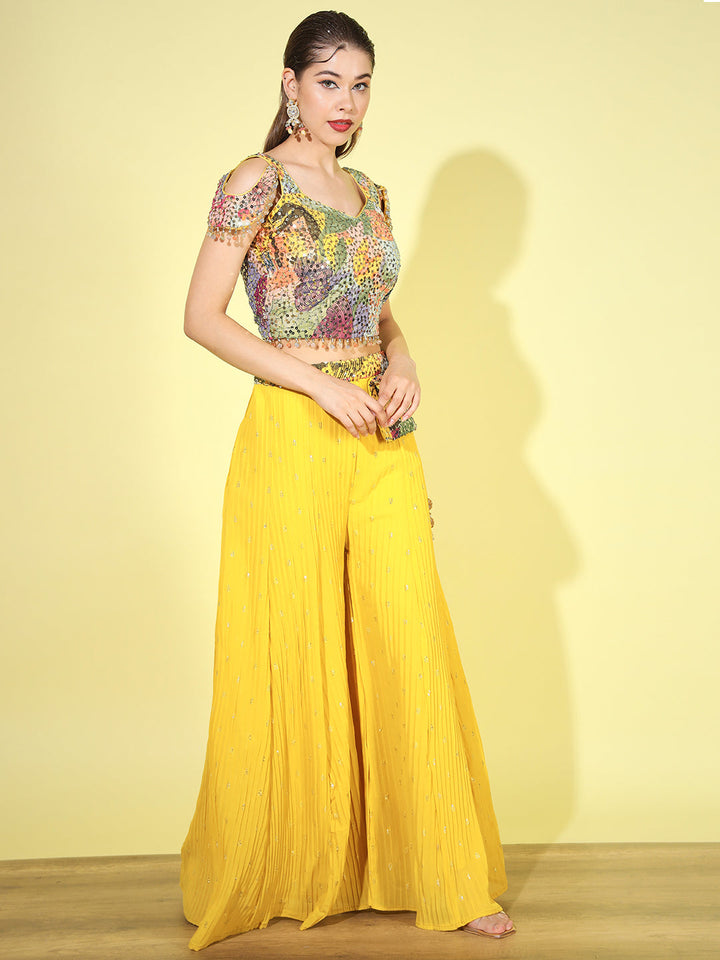 Resham & Sequin Embroidered Tassled Crop Top with Flared Pallazo Set