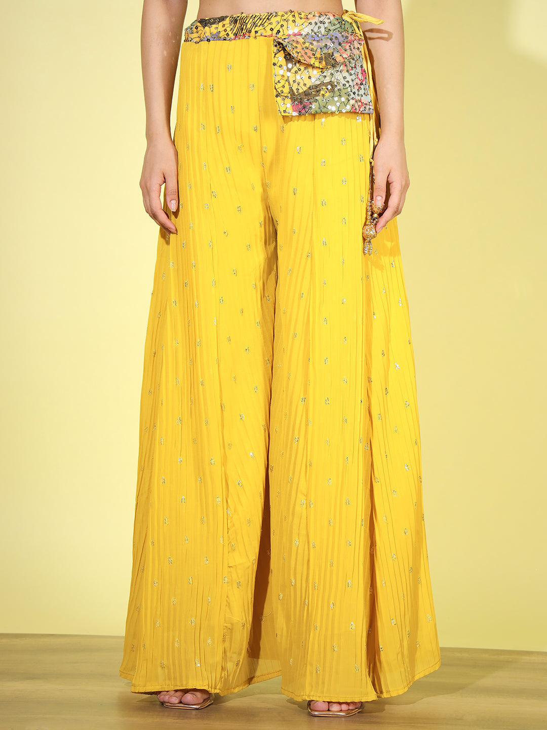 Resham & Sequin Embroidered Tassled Crop Top with Flared Pallazo Set