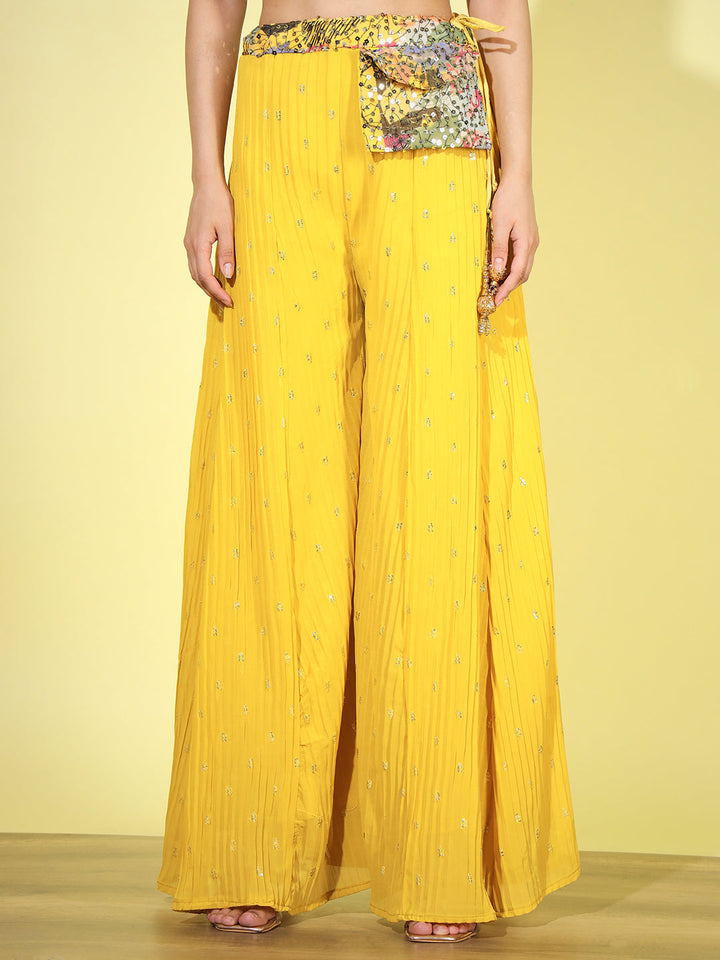 Resham & Sequin Embroidered Tassled Crop Top with Flared Pallazo Set