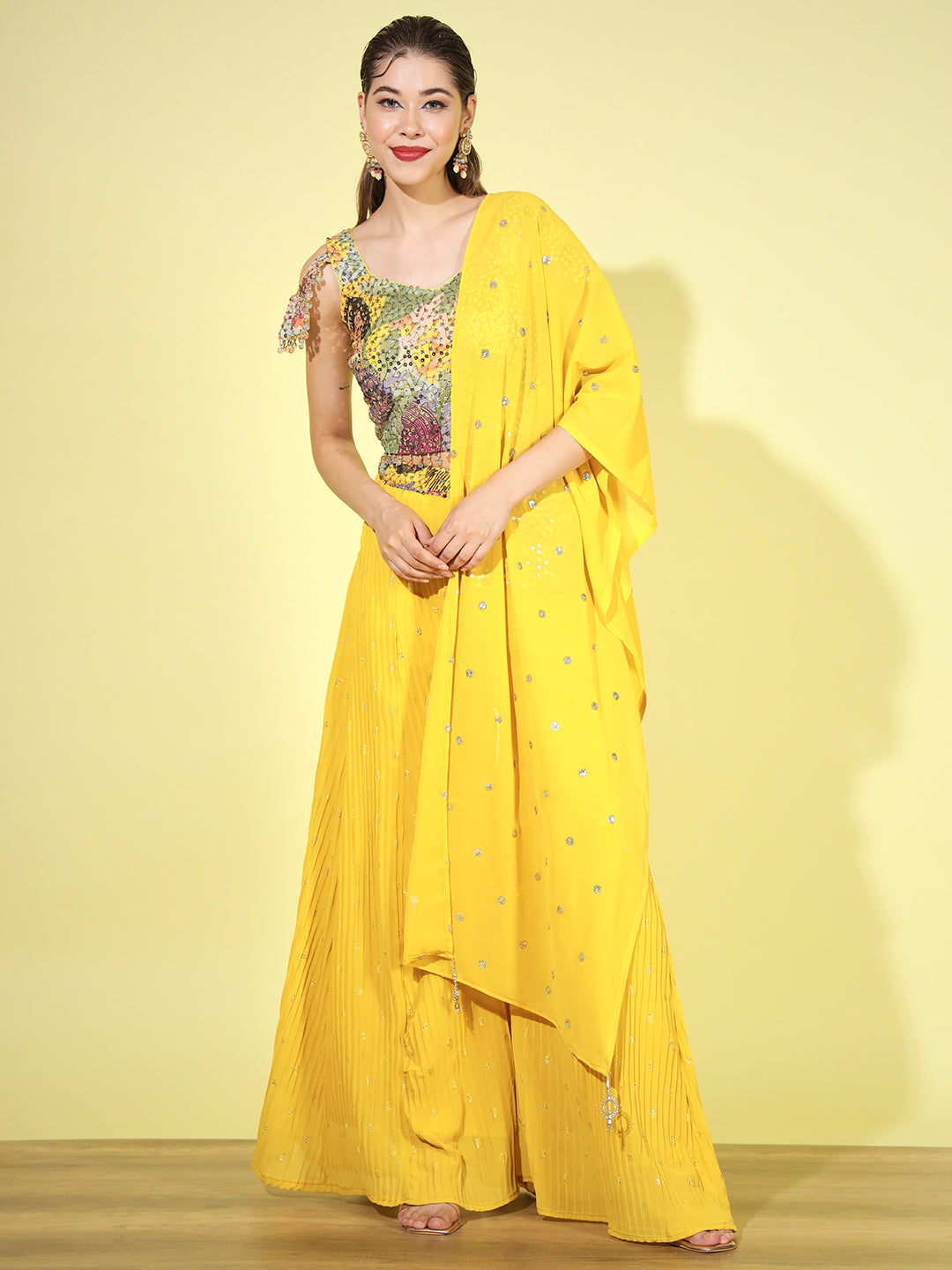 Resham & Sequin Embroidered Tassled Crop Top with Flared Pallazo Set