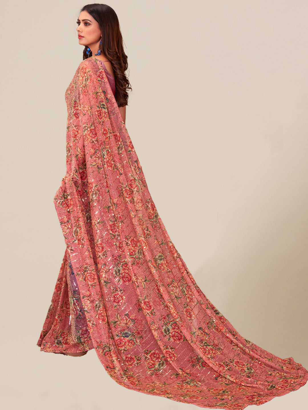 Pink Floral Digital Print Saree on a Flowy Stretch Georgette Fabric