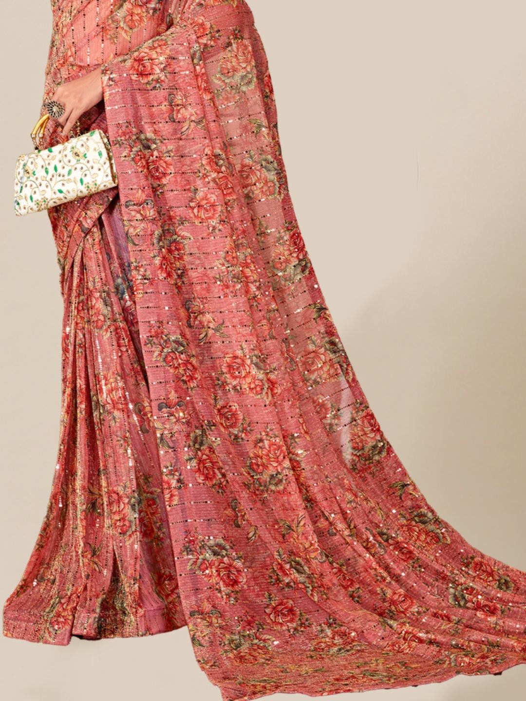 Pink Floral Digital Print Saree on a Flowy Stretch Georgette Fabric