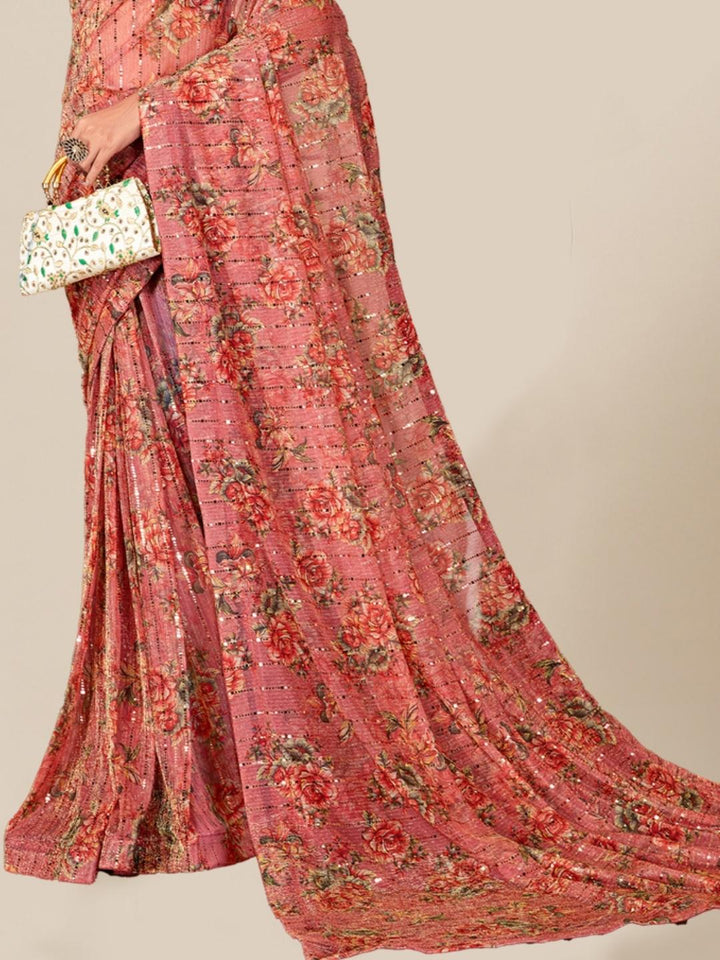 Pink Floral Digital Print Saree on a Flowy Stretch Georgette Fabric