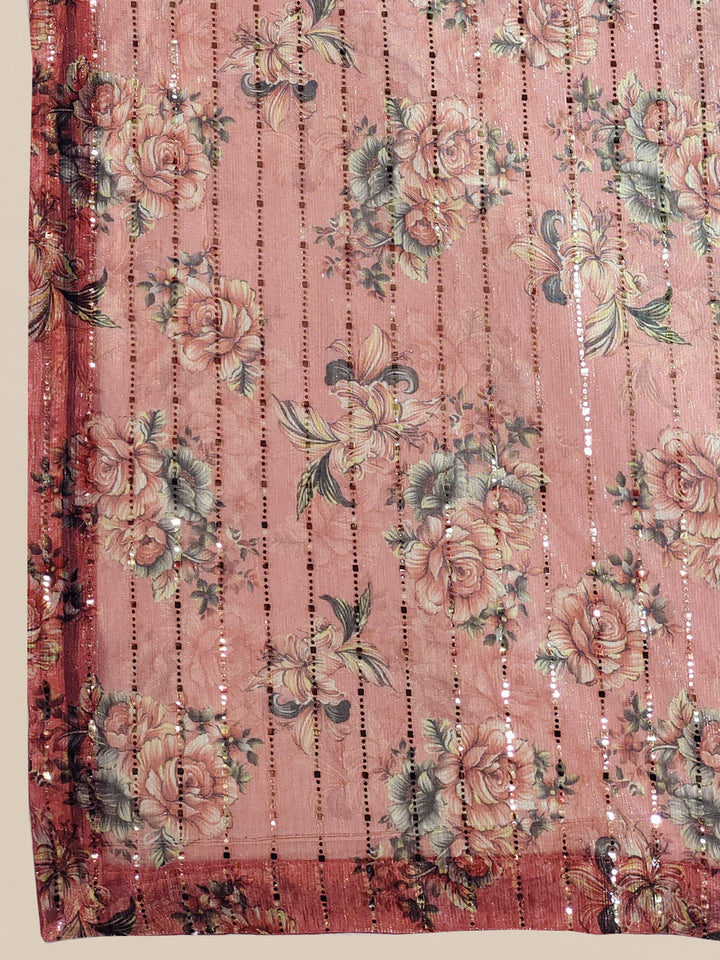 Pink Floral Digital Print Saree on a Flowy Stretch Georgette Fabric