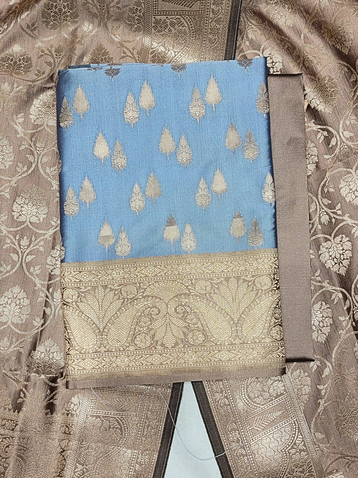 Banarasi Handloom Dress Material with Contrast color Handloom weaving & Tasseled Dupatta