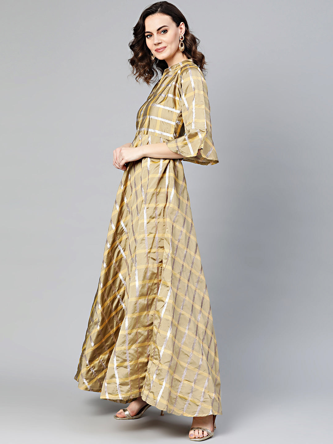Anarkali Dress with Gota Checked Weaving and Bell Sleeves