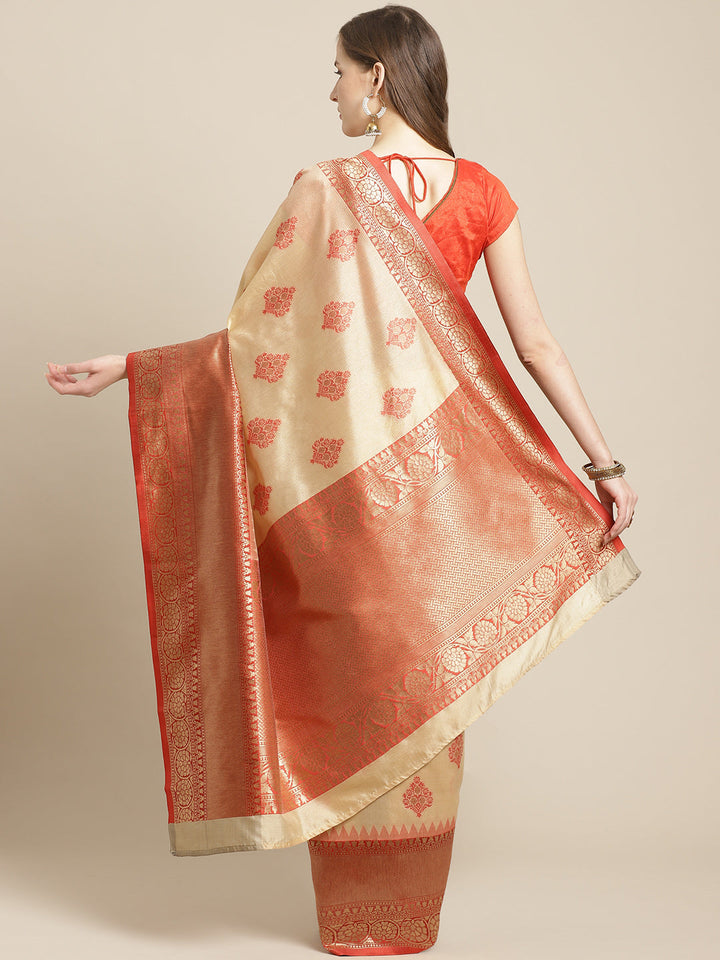 Banarasi Handloom Satin Silk Saree with Zari and Resham Weaving in Floral Ethnic Pattern