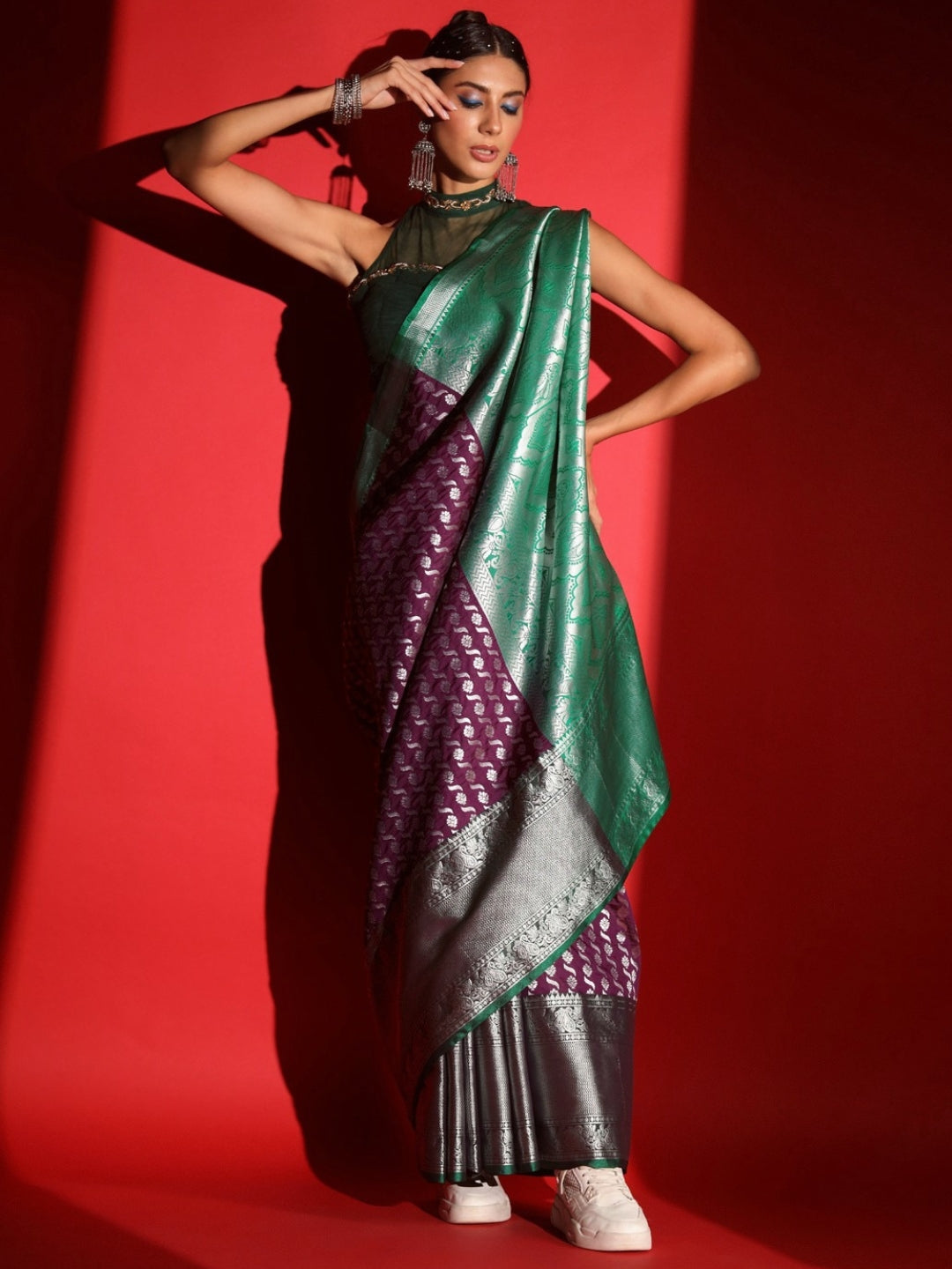 Purple Banarasi Silk Saree with Copper Weaving & Contrast Border