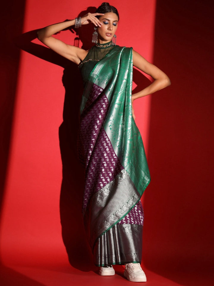 Purple Banarasi Silk Saree with Copper Weaving & Contrast Border
