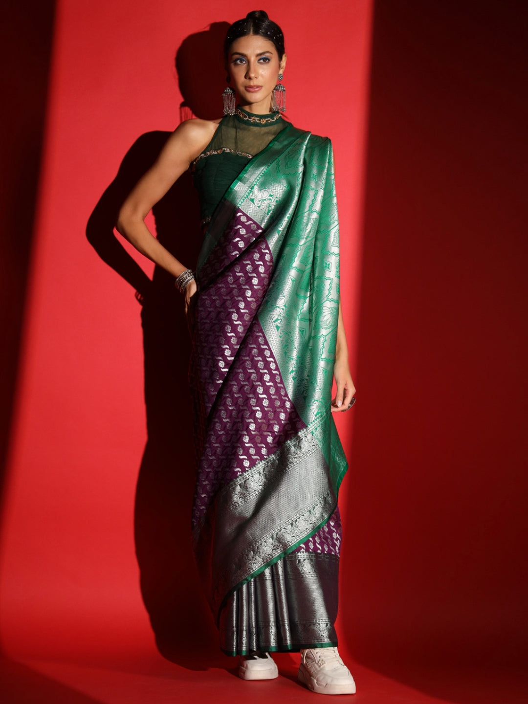Purple Banarasi Silk Saree with Copper Weaving & Contrast Border
