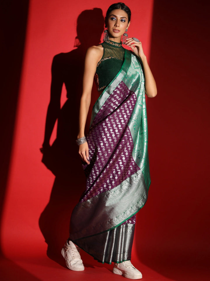 Purple Banarasi Silk Saree with Copper Weaving & Contrast Border