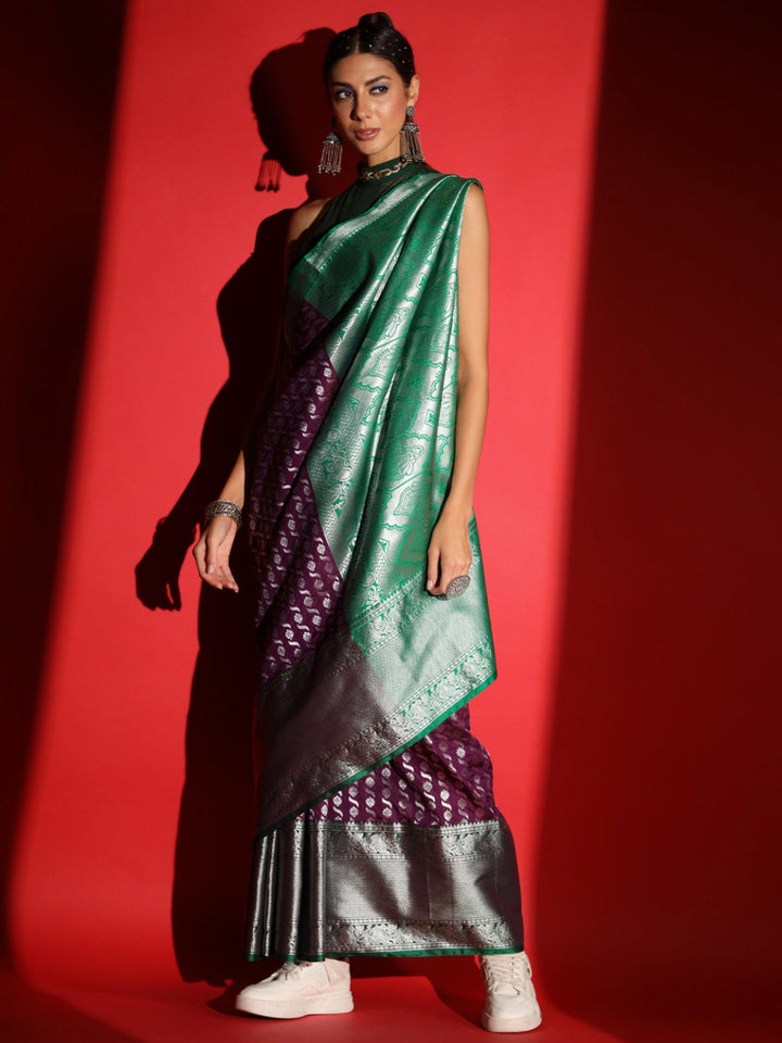 Purple Banarasi Silk Saree with Copper Weaving & Contrast Border