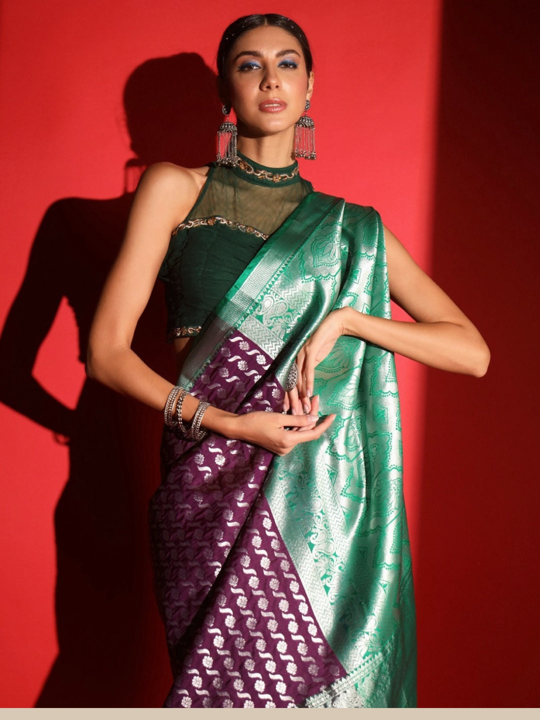 Purple Banarasi Silk Saree with Copper Weaving & Contrast Border