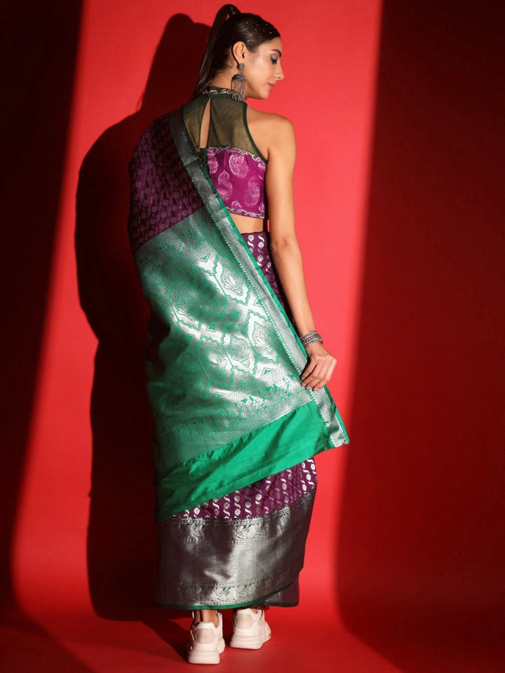 Purple Banarasi Silk Saree with Copper Weaving & Contrast Border