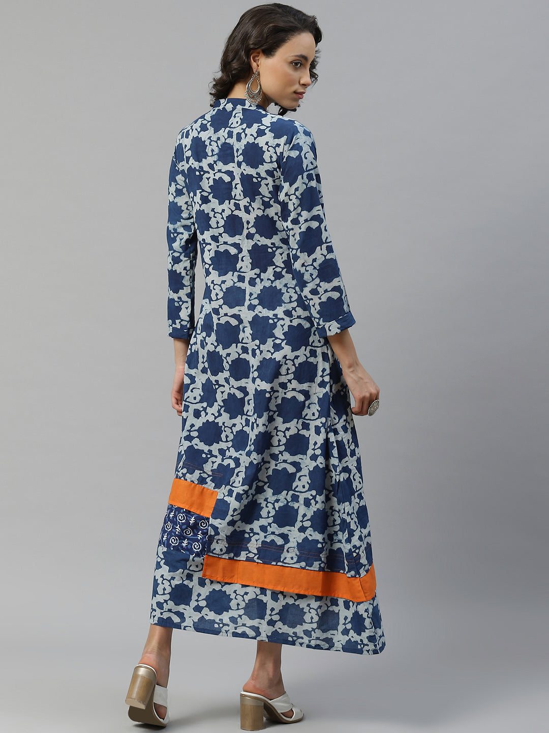 Blue Block Printing Long Cotton Anarkali Kurti with Orange Color Blocking