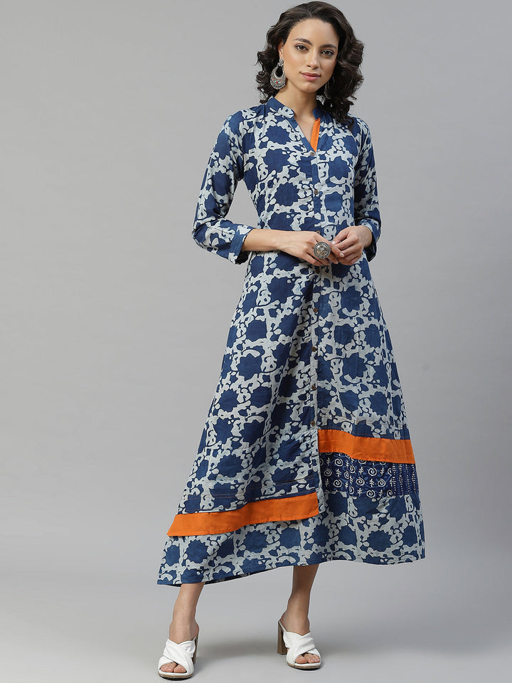 Blue Block Printing Long Cotton Anarkali Kurti with Orange Color Blocking